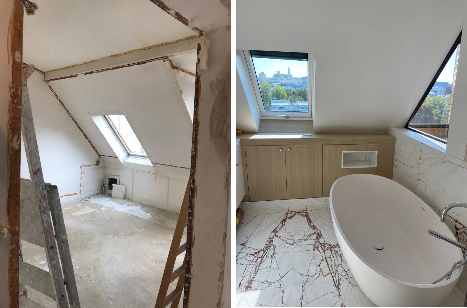 Vue avant et après travaux de réaménagement d'une salle de bain à Paris